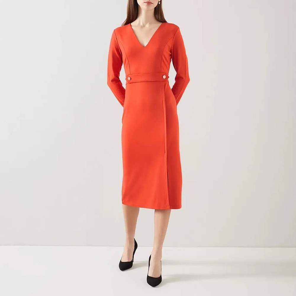 L.K. Bennett Sarah Dress – V-Neck Red Midi, 3/4 Sleeves, US Size 12-14